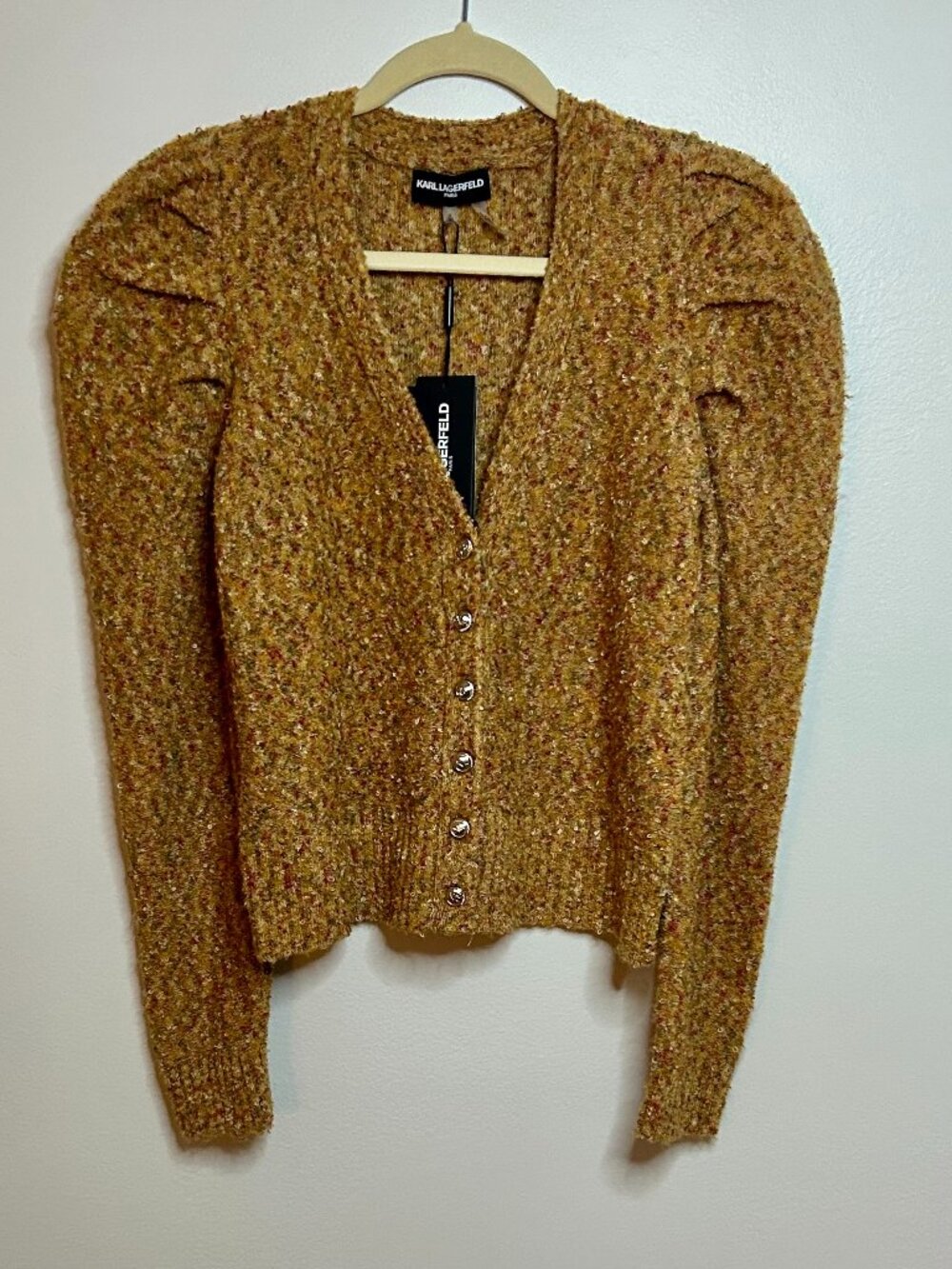 Karl Lagerfeld Brown Blend Puff Sleeve Cardigan Sweater V-Neck Size S - Picture 3 of 6